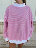 Dark Pink and White Big Striped Mockneck Sweatshirt featuring a cozy collar and oversized unisex fit.
