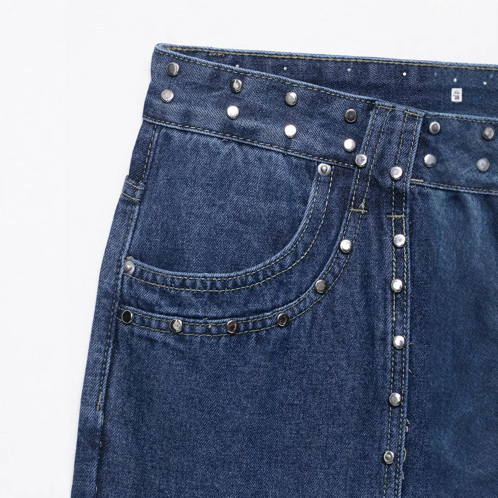 Dark Blue Harajuku Studded Embroidered Straight Leg Jeans - Image 3