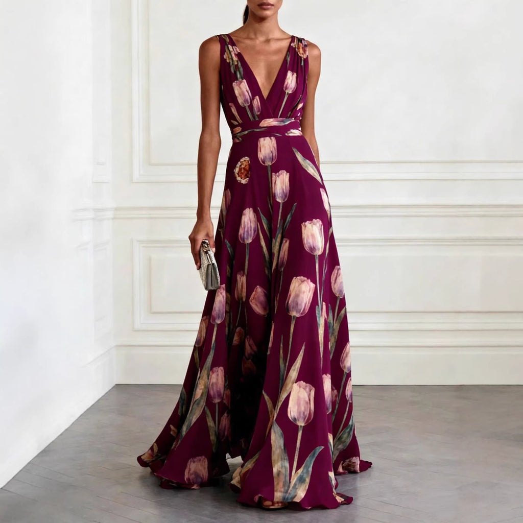 Tulip Print V-Neck Sleeveless Maxi Dress in Chiffon