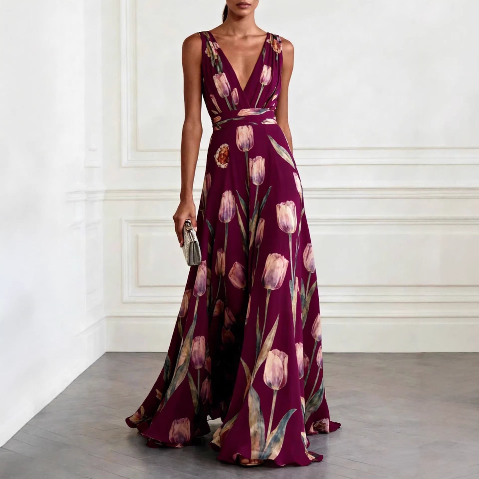 Tulip Print V-Neck Sleeveless Maxi Dress in Chiffon