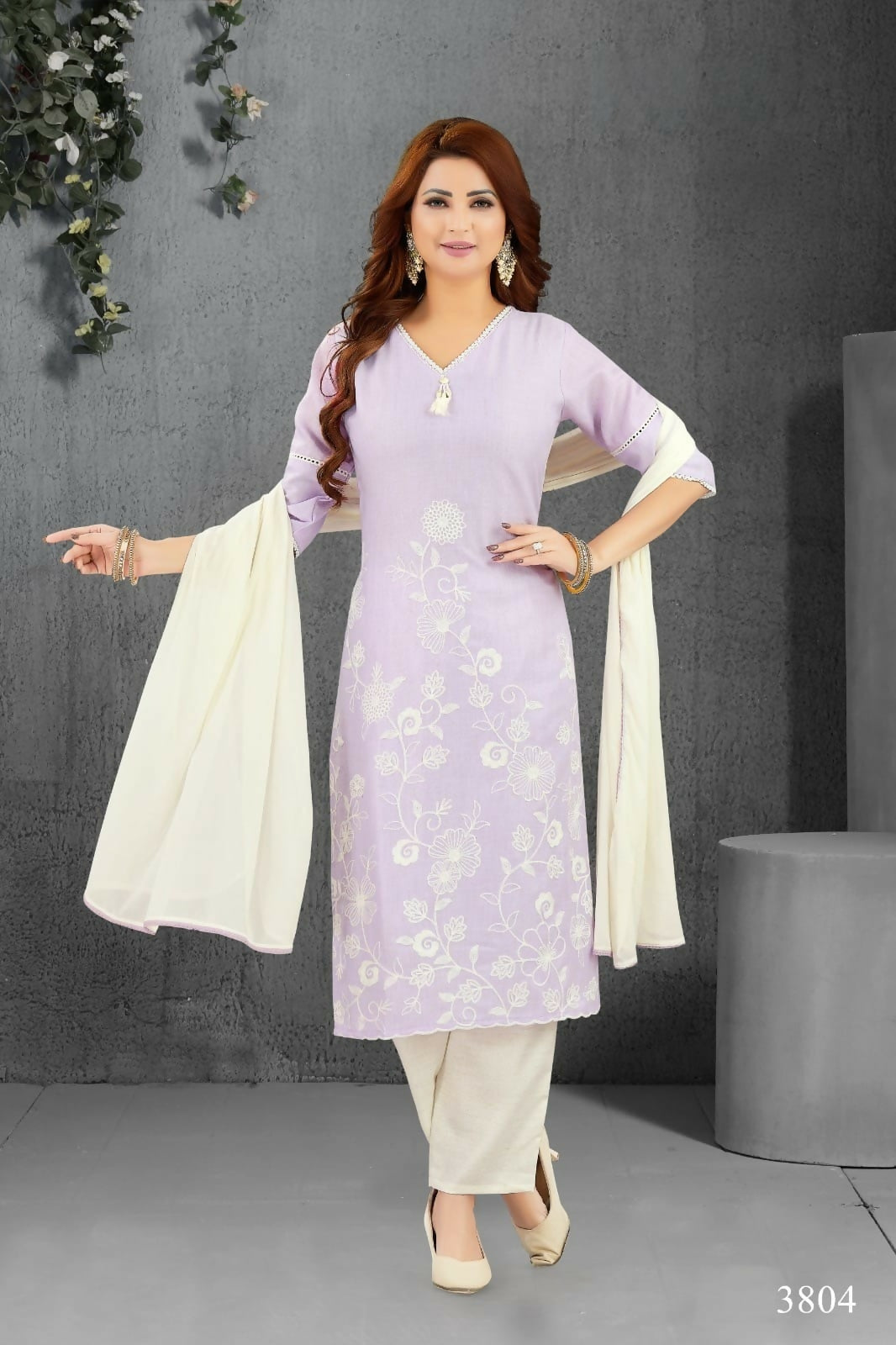 Lylac color Lilan cotton kurta set with cream bottom and floral print