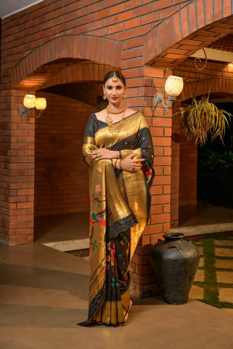 Black Paithani Silk Saree with Zari Woven Border and Blouse