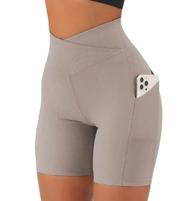 Women's Cross Waist Yoga Shorts with Pockets High Rise Activewear