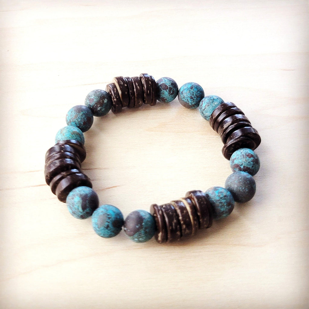 Natural American Turquoise and Wood Beaded Stretch Bracelet - Image 3