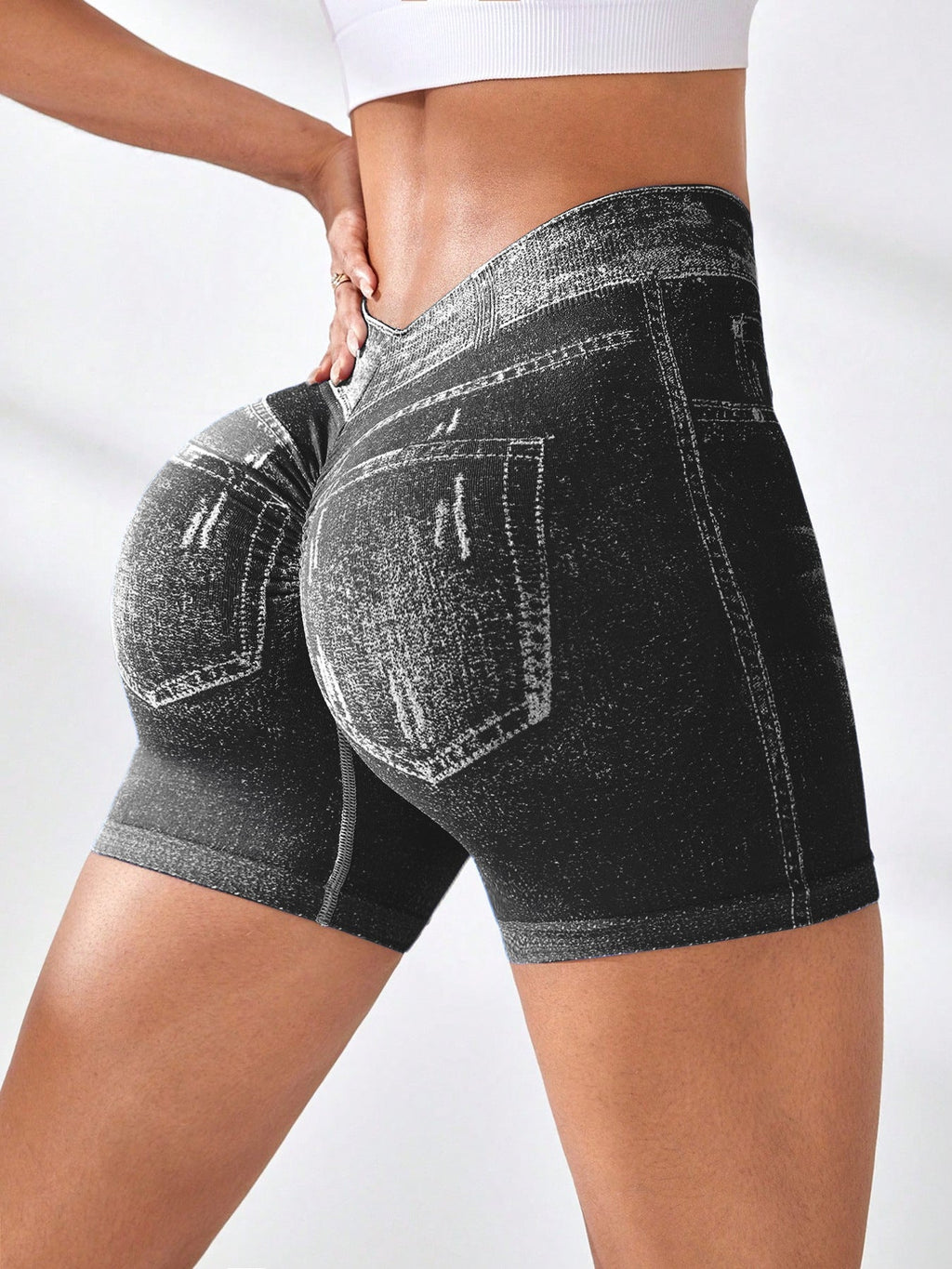 Denim-Effect Seamless Yoga Shorts High-Waisted Fitness Shorts