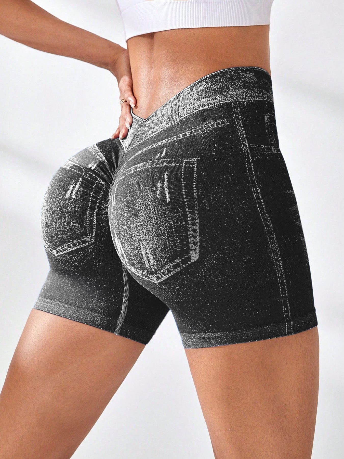 Denim-Effect Seamless Yoga Shorts High-Waisted Fitness Shorts