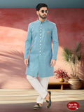 Men's blue Indo-Western kurta set with detailed thread and sequence embroidery in imported Armani fabric.