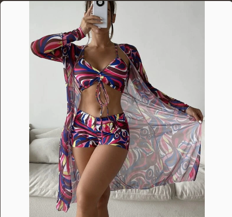 Three-Piece Bikini Set with Sheer Mesh Cover-Up and Briefs