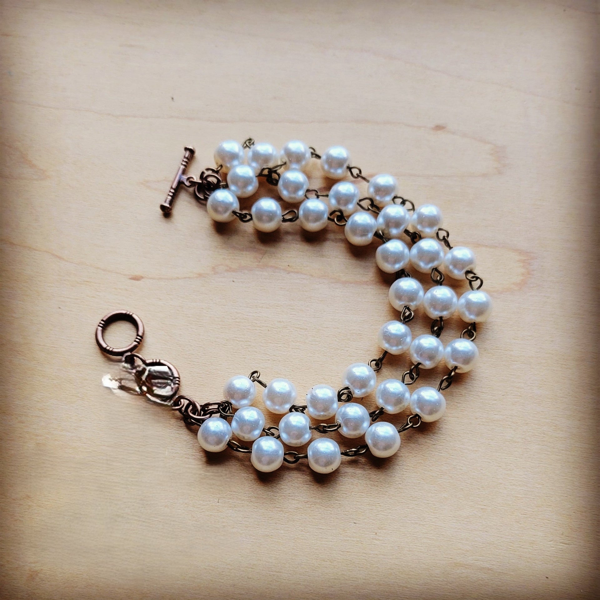 Pearl  & Copper Triple Strand Bracelet 804a