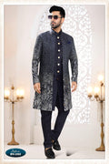 Men's blue silk kurta set with intricate thread and sequence embroidery