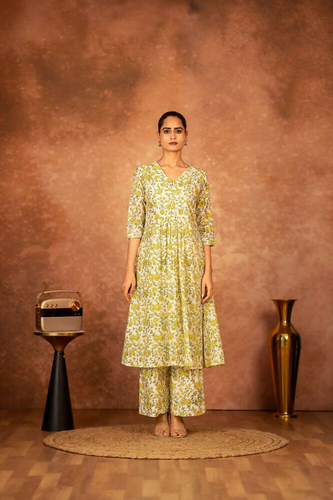 Yellow Hand Block Printed Cotton Suit Set for Women