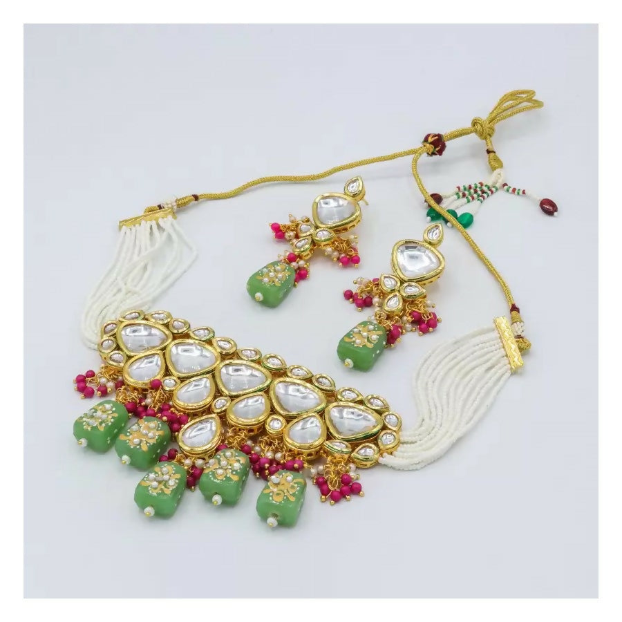 Multicolor Kundan work necklace set with gold-plated finish and adjustable cord