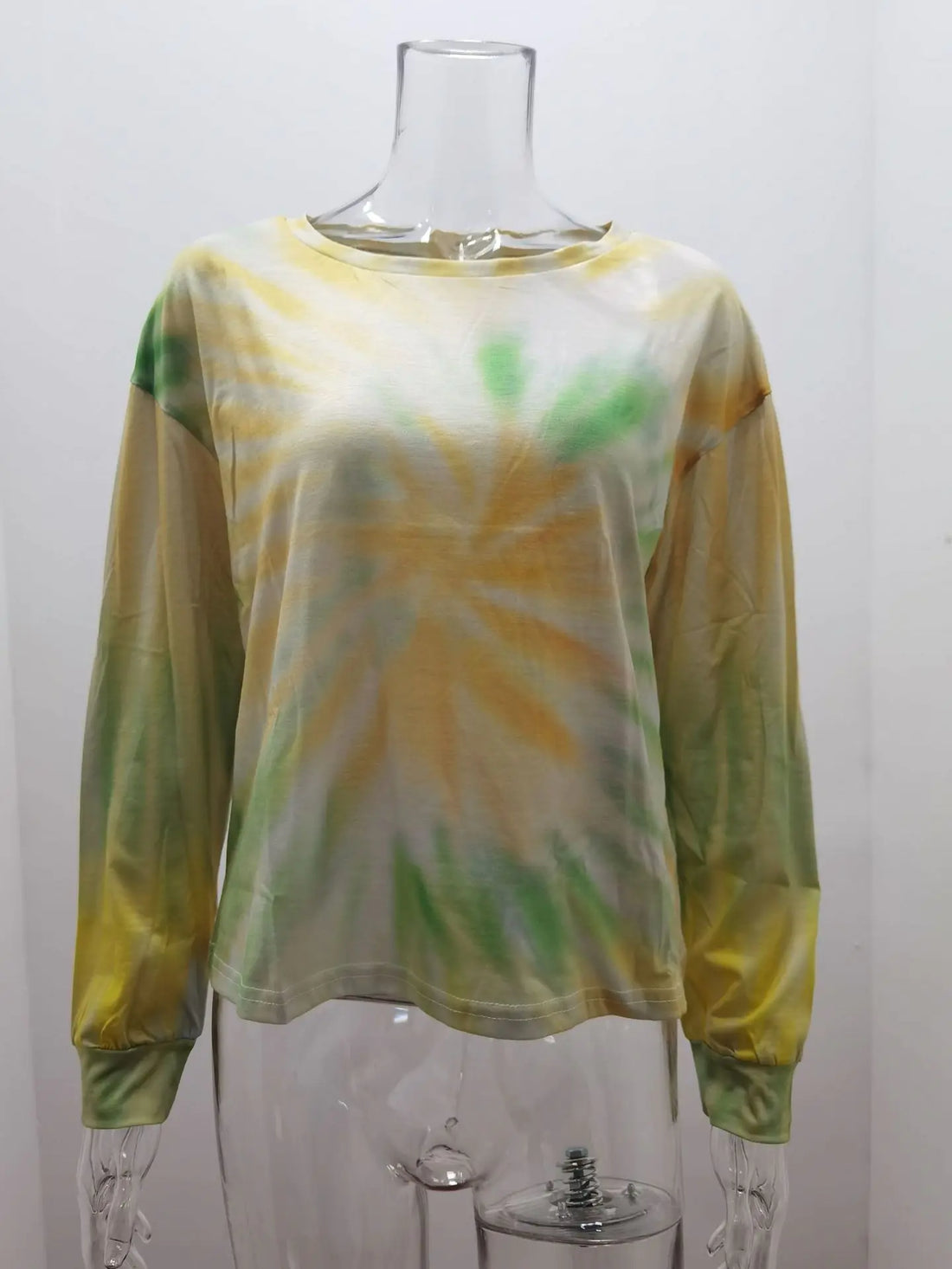 Women's Yellow and Green Tie Dye Long Sleeve Round Neck Top - Image 6