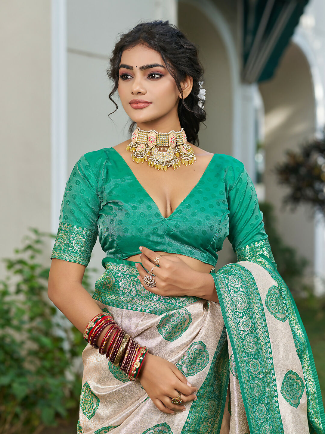 Cream and Sea Green Silk Blend Saree Elegant Ethnic Drape