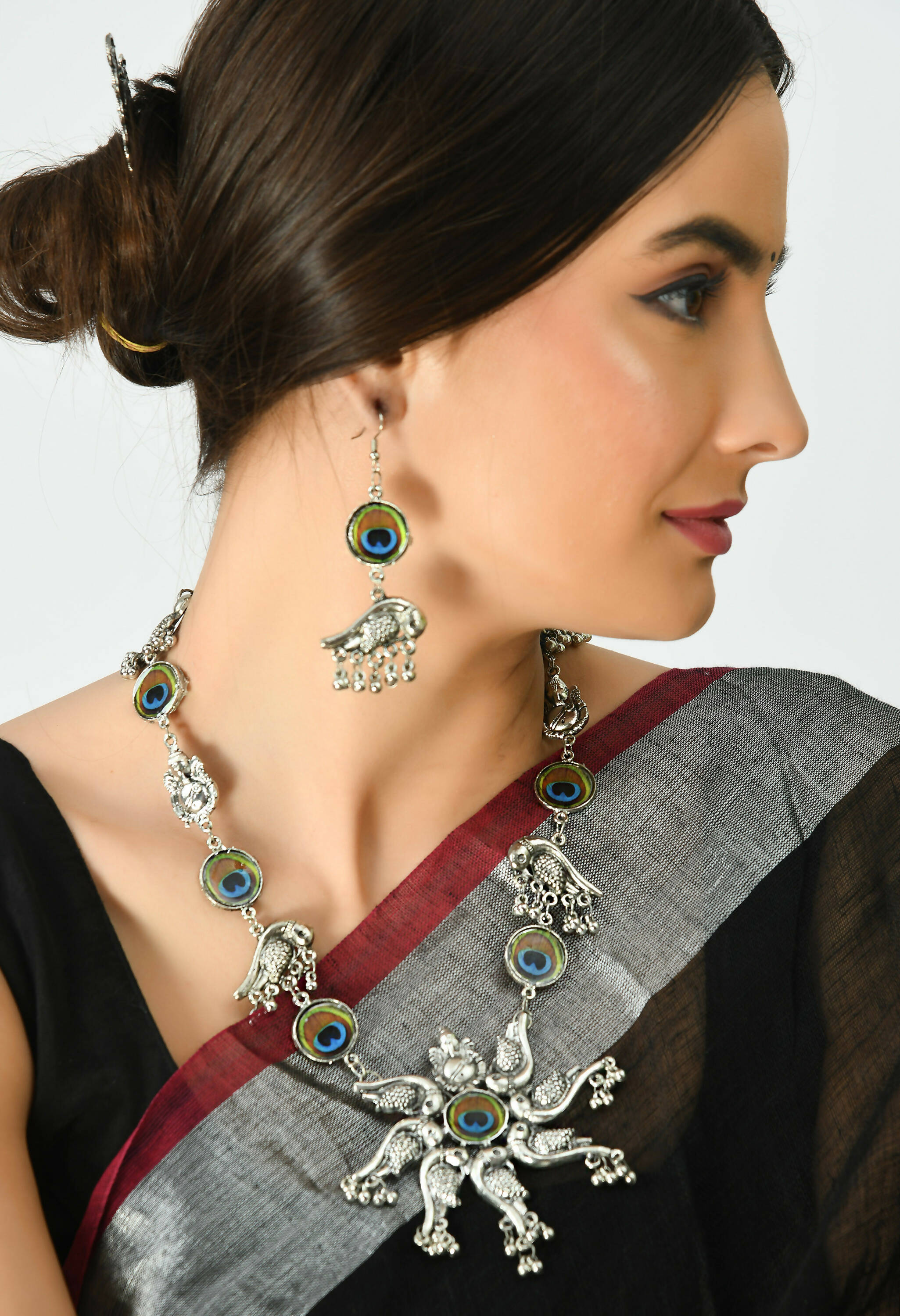Peacock Design Oxidised Silver-Plated Long Necklace Set
