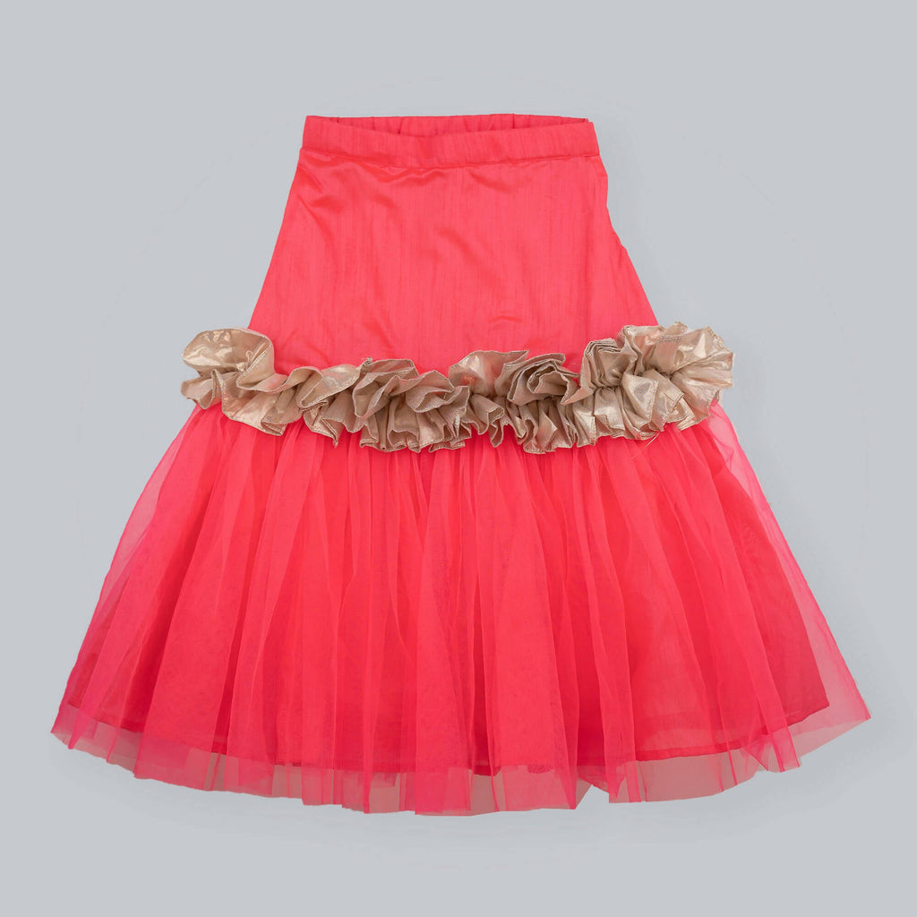 Golden & Pink Ghagra Choli With Frill Details and Net Dupatta