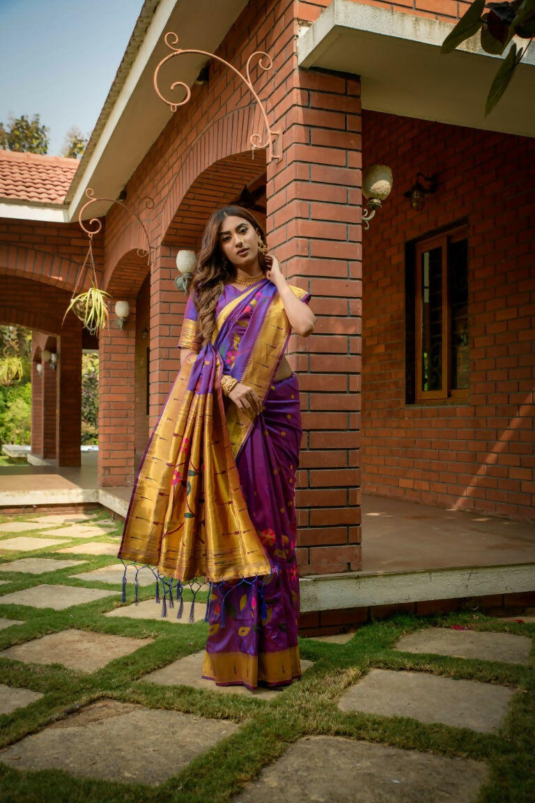 Purple Paithani Silk Saree with Zari Woven Border and Blouse