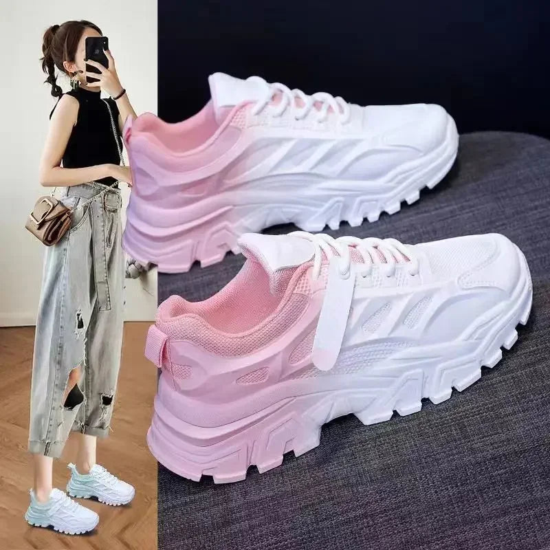 Women's Breathable Platform Sneakers - Gradient Mesh Design