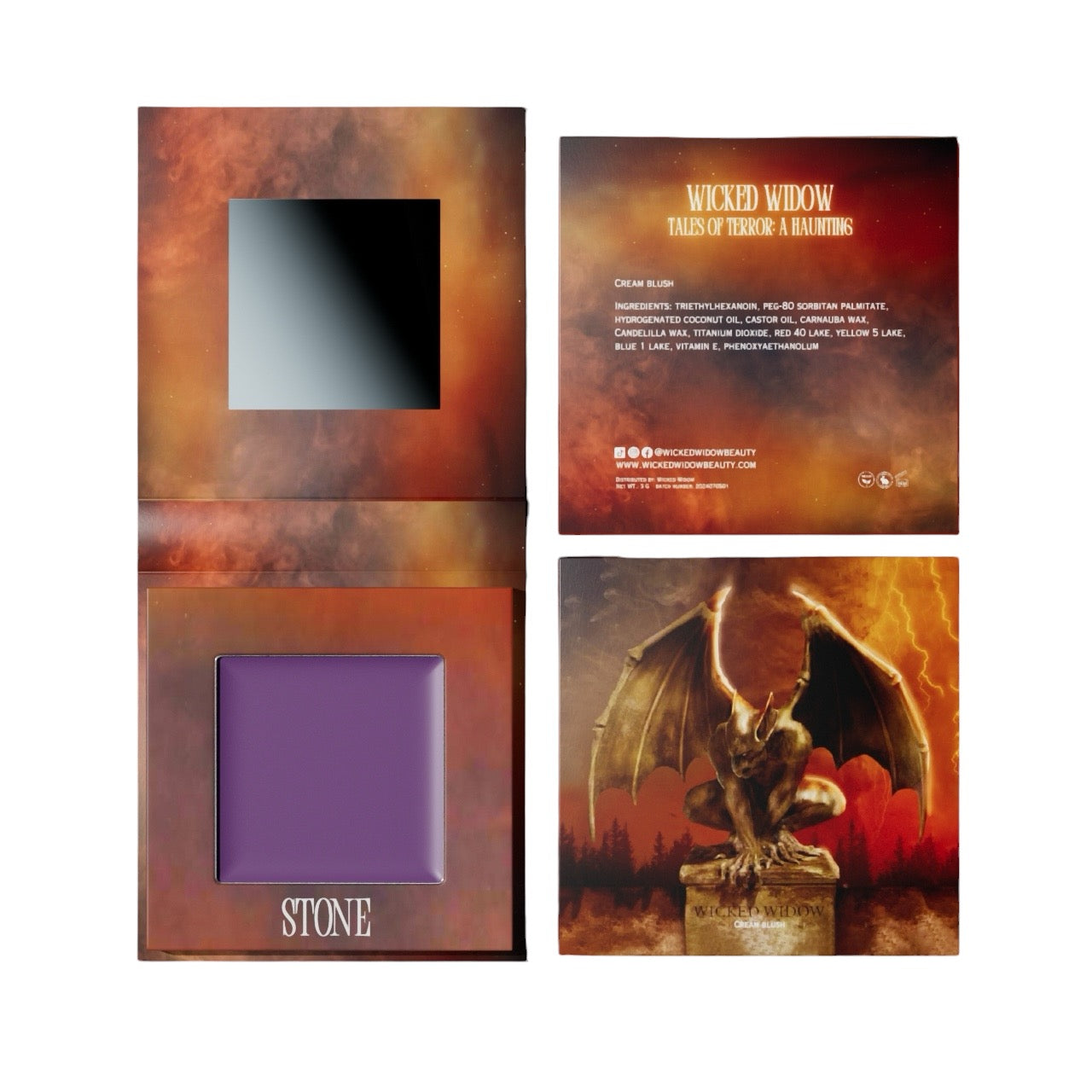 Open and closed Tales of Terror cream blush palette in shade Stone with gargoyle artwork