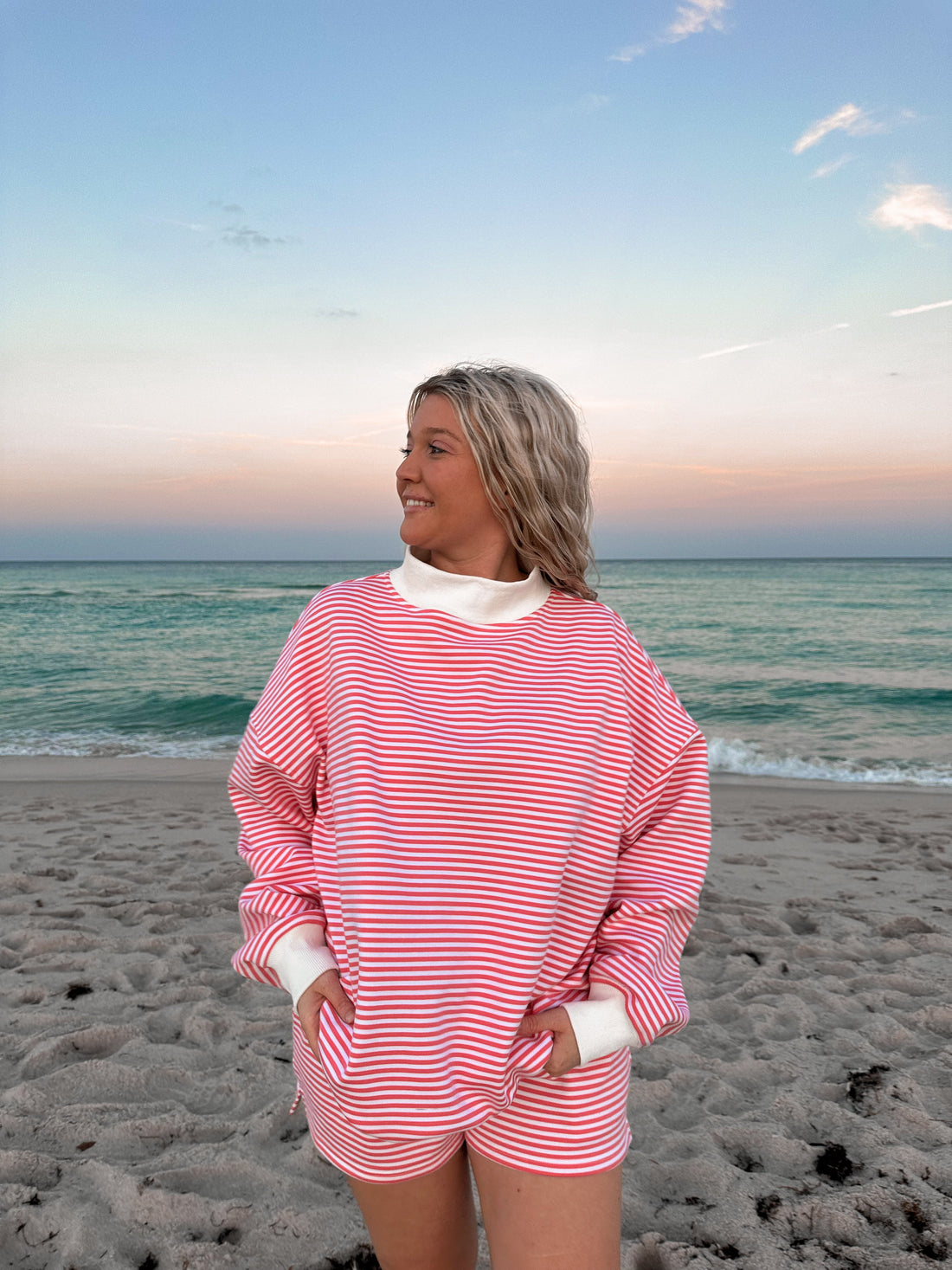 Dark Pink and White Big Striped Mockneck Sweatshirt Unisex