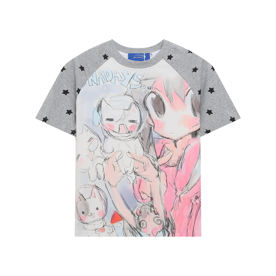 Front view of Women's Slim Fit Grey T-Shirt with black star patterned raglan sleeves and a multi-colored Harajuku-style graphic print on the white body.