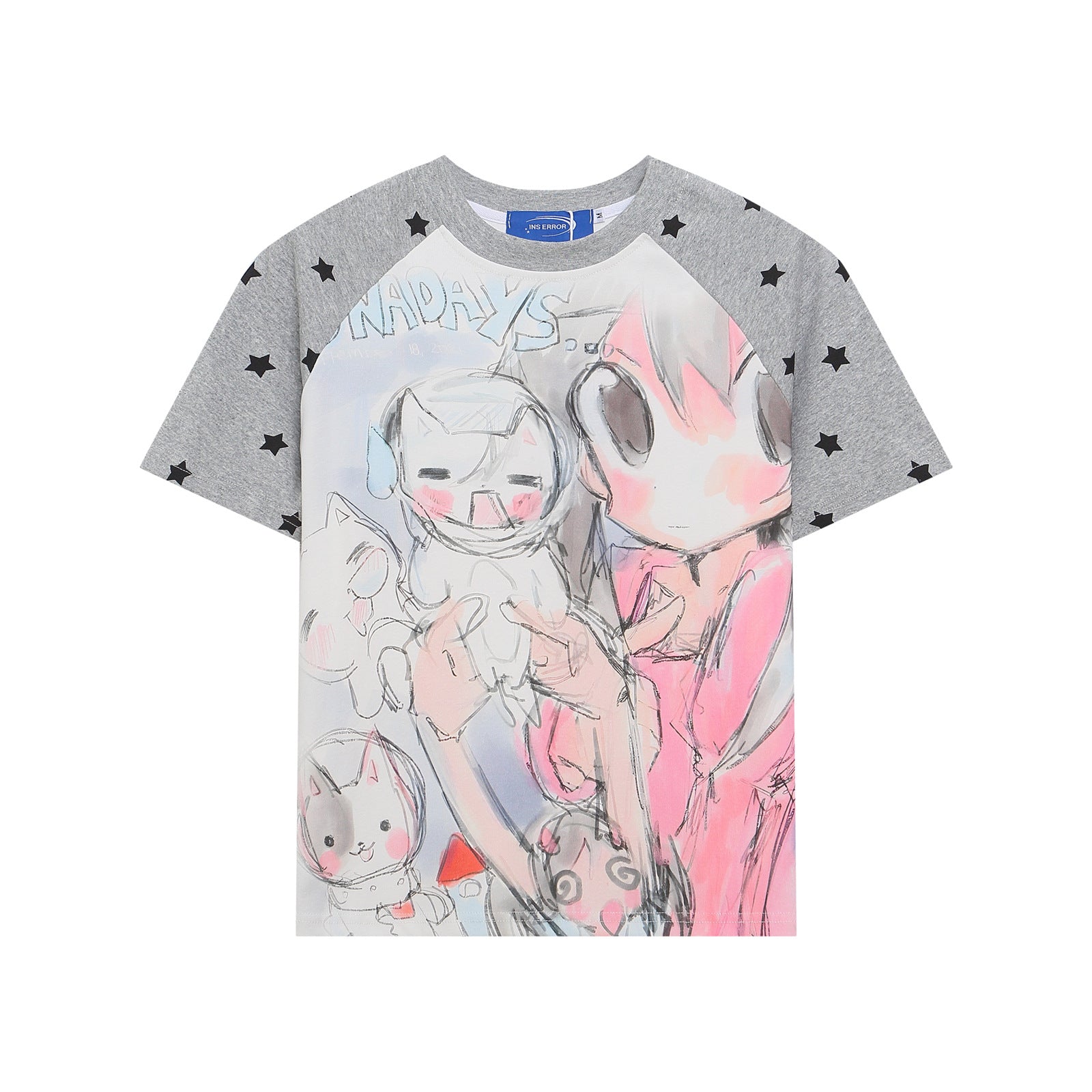 Front view of Women's Slim Fit Grey T-Shirt with black star patterned raglan sleeves and a multi-colored Harajuku-style graphic print on the white body.