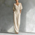 Women's V-Neck Slim Fit Straight Leg Jumpsuit in Khaki
