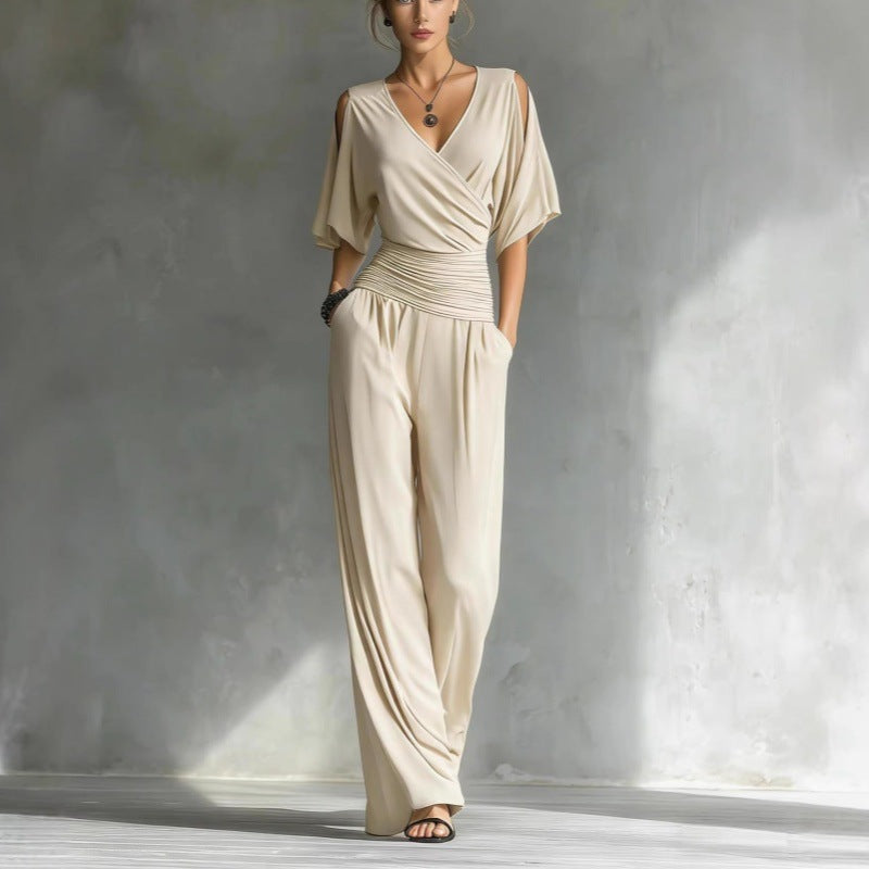 Women's V-Neck Slim Fit Straight Leg Jumpsuit in Khaki