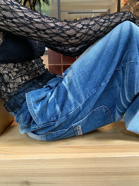 Classic Blue Harajuku Loose Pleated Wide Leg Denim Jeans - Image 6
