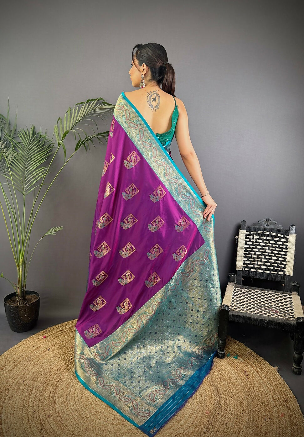 Blue Peacock Banarasi Silk Saree with Unstitched Blouse