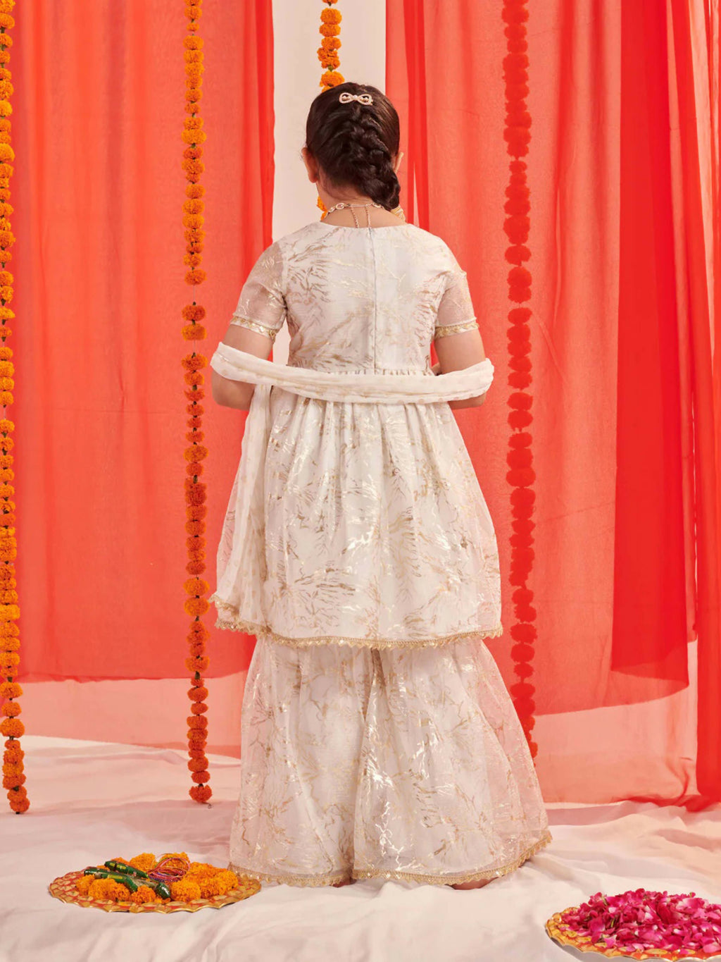 Girl's Off White Sharara Set in Silk Blend Fabric