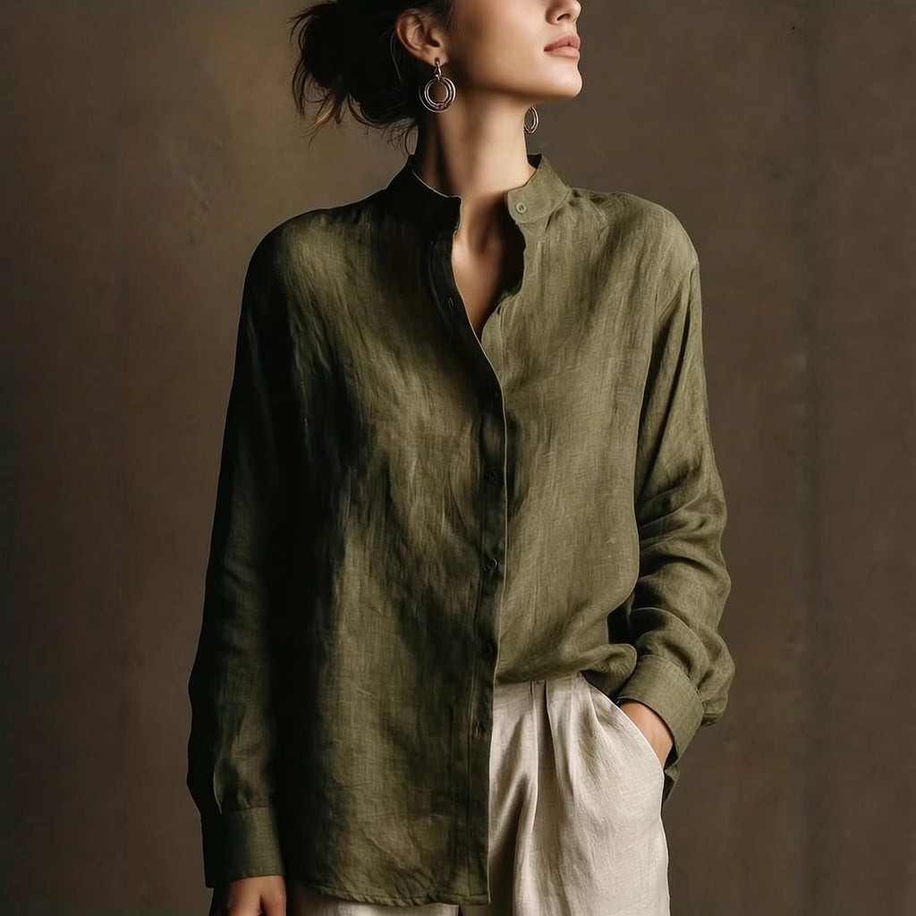 Women's Loose Cotton Linen Long Sleeve Shirt in Olive Green