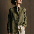 Women's Loose Cotton Linen Long Sleeve Shirt in Olive Green