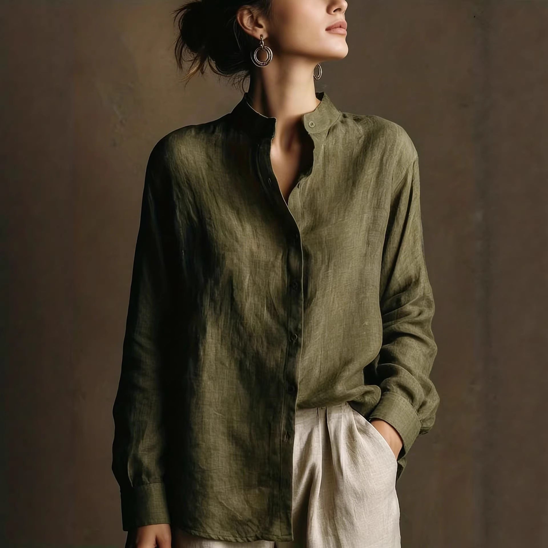 Women's Loose Cotton Linen Long Sleeve Shirt in Olive Green