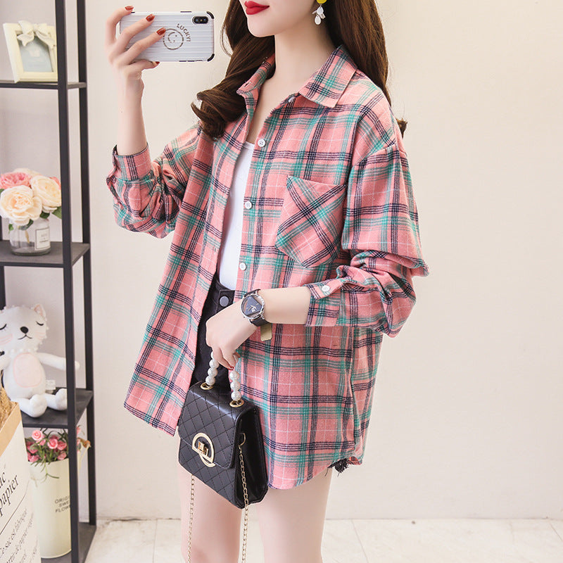 Women's loose-fit cotton plaid long sleeve button-up shirt in pink and green, or yellow and blue patterns, styled for casual wear.