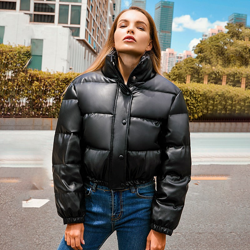Women's Cropped Puffer Jacket with Standing Collar & Faux Leather Look - Image 3