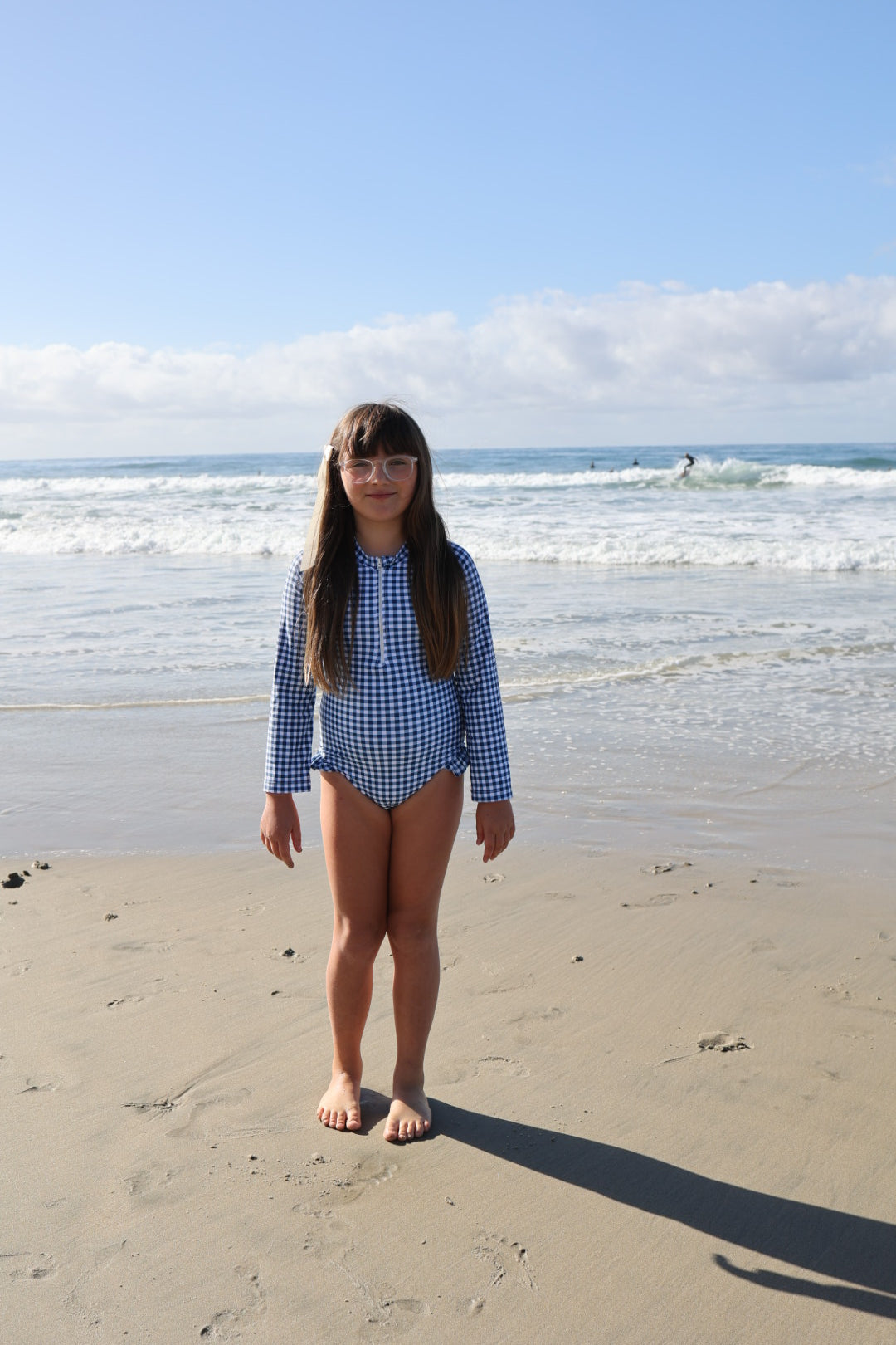 Girl's Long Sleeve Swimsuit | Blue Gingham
