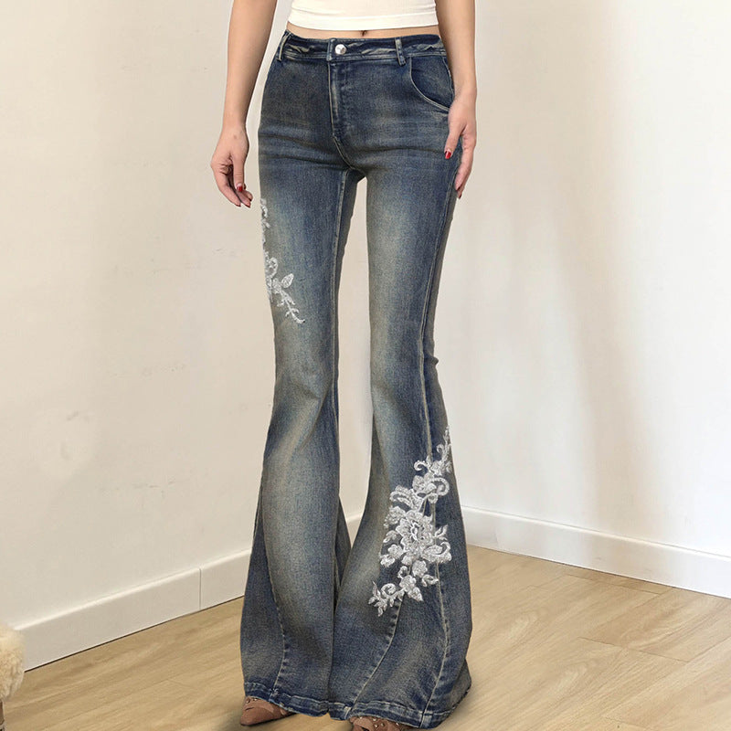 Women's Floral Embroidered Low Waist Flare Jeans - Vibrant Blue - Image 4