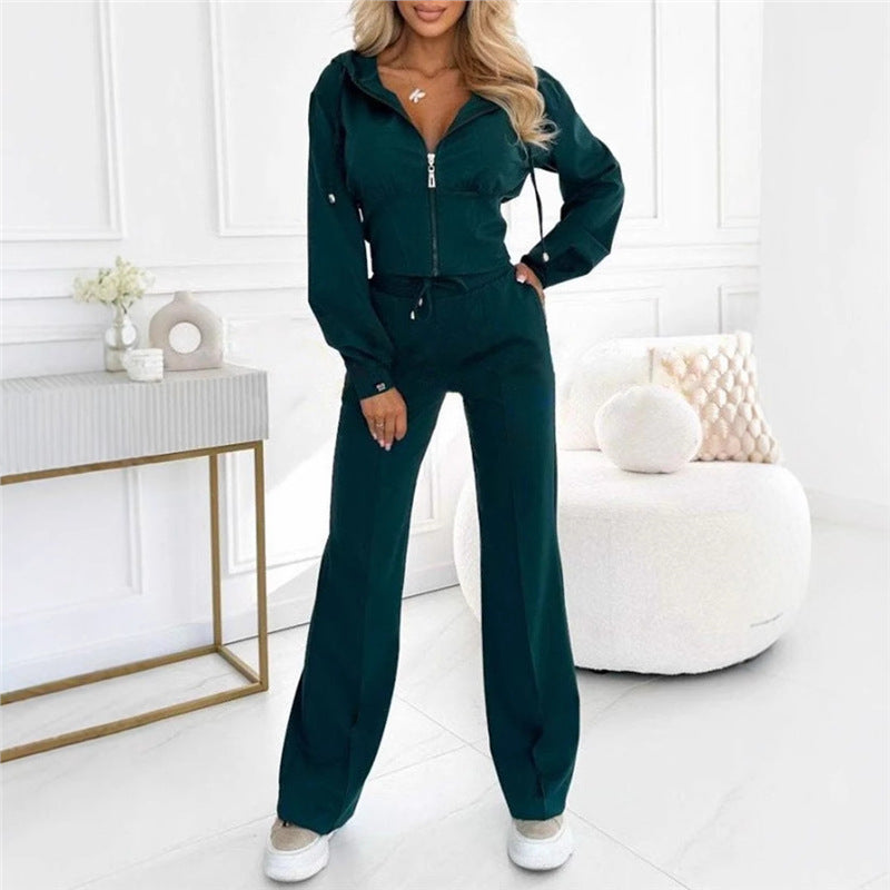 Hooded Zipper Fitted Top & Wide-Leg Pants Loungewear Set