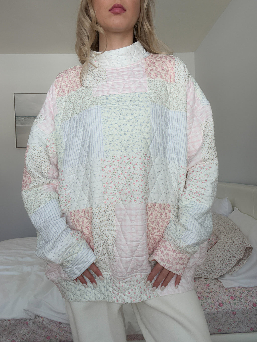 Quilted Pastel Mockneck Sweatshirt: Oversized Floral Patchwork Top