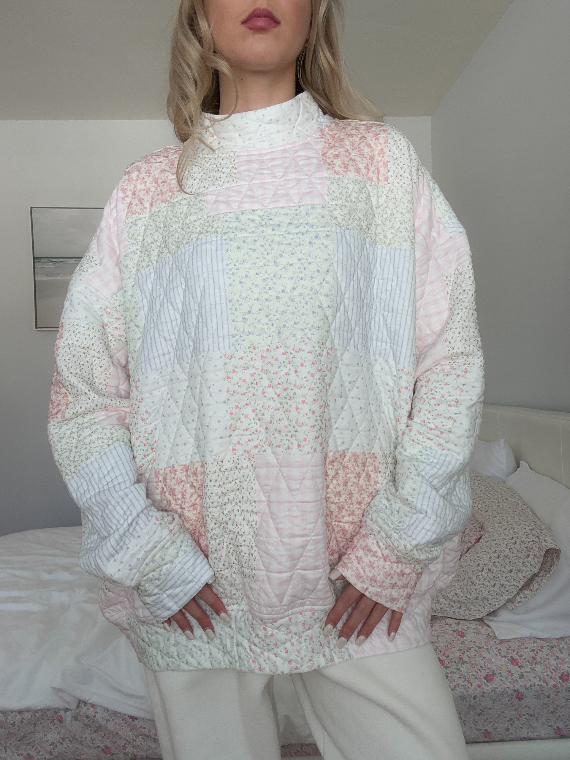 Quilted Pastel Mockneck Sweatshirt: Oversized Floral Patchwork Top
