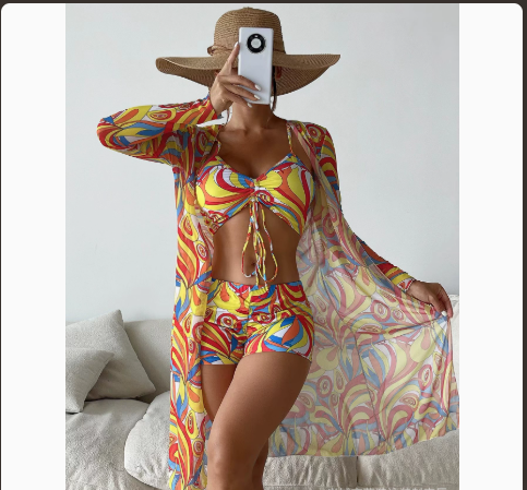 Three-Piece Bikini Set with Sheer Mesh Cover-Up and Briefs
