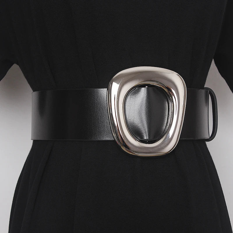 Wide Black Cowhide Waist Belt with Gold Buckle for Women - Image 6