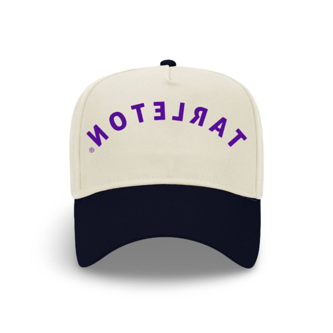 Tarleton State university hat with cream crown, navy brim, and purple branding