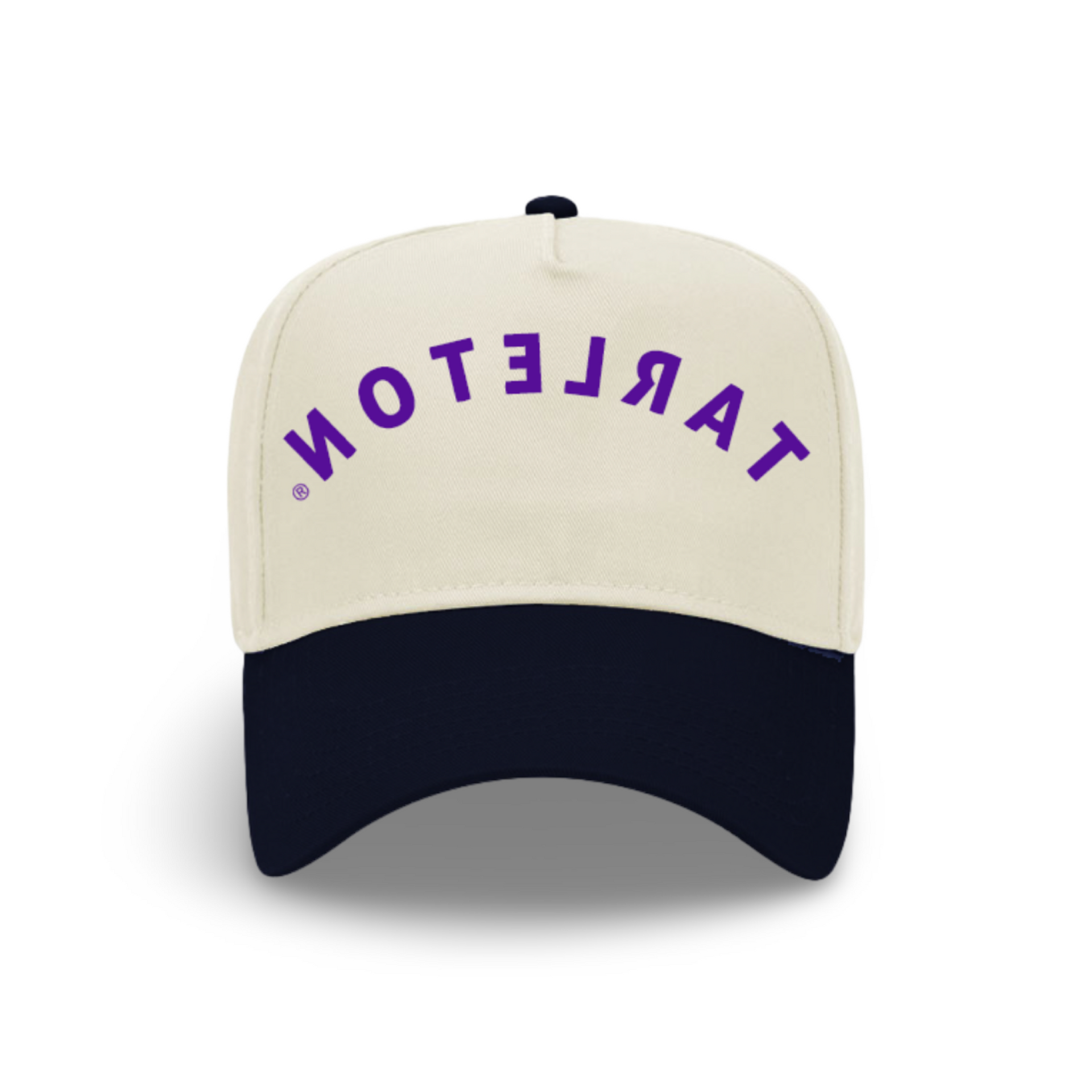 Tarleton State university hat with cream crown, navy brim, and purple branding