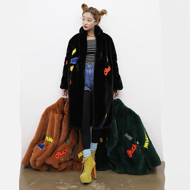 Plush Faux Fur Teddy Coat with Playful Patches - Harajuku Style - Image 3