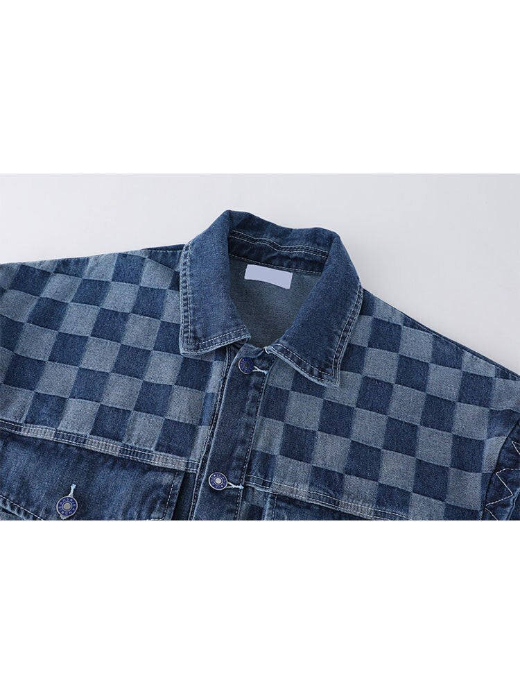 Women's Vintage Y2K Plaid Patchwork Denim Trucker Jacket - Image 3