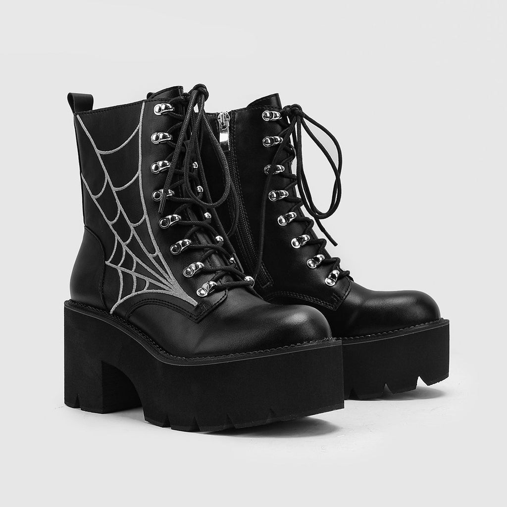 Women's Black Platform Spiderweb Lace-Up Combat Boots - Image 2