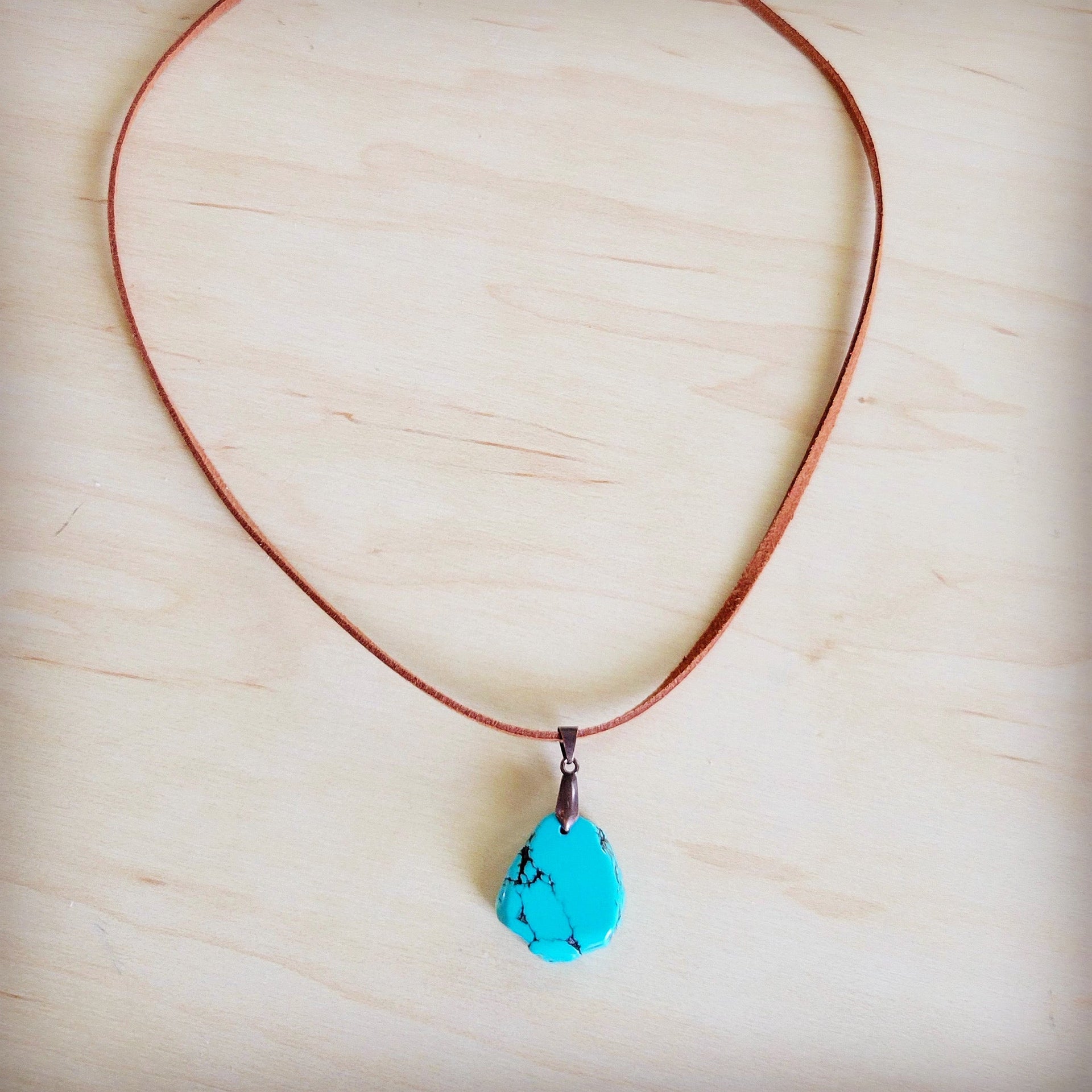 Genuine Turquoise Slab Pendant on Adjustable Leather Cord - Image 3