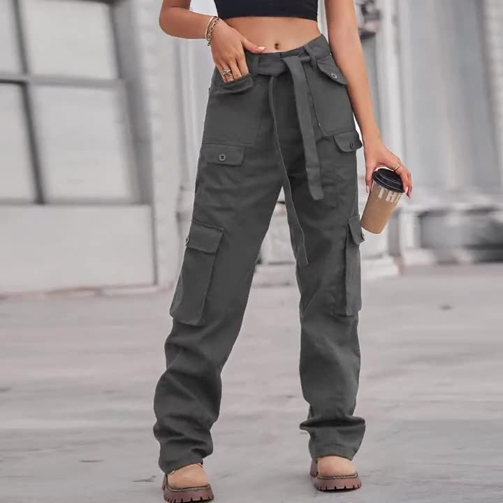 Washed Denim Multi-Pocket Cargo Pants with Tie Waist - Image 9